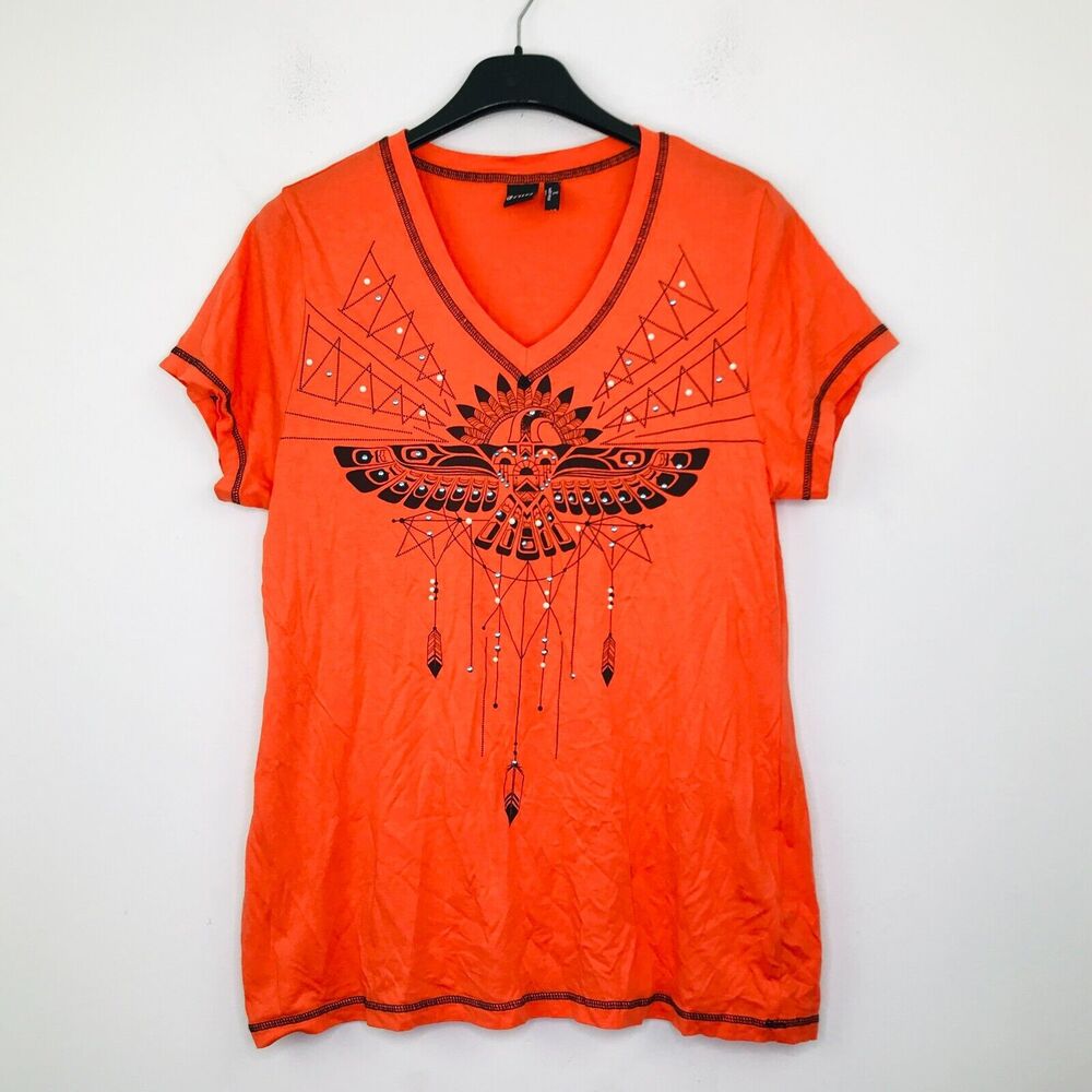 Cruel Women's XL T-Shirt Orange Eagle Studded Boho Graphic V-Neck Tee BS9